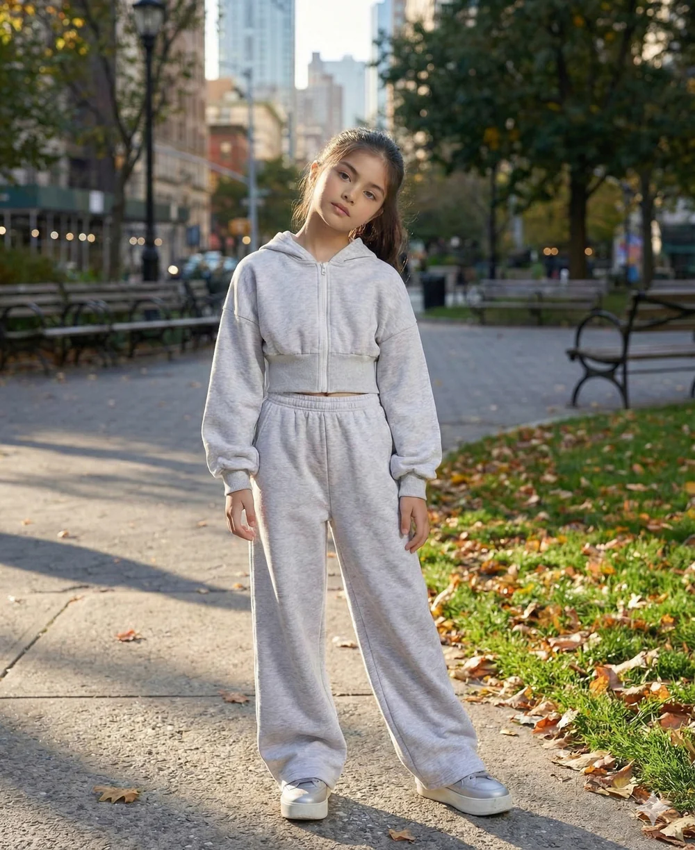 Premium Cropped Hoodie & Wide-Leg Jogger Set – Light Grey